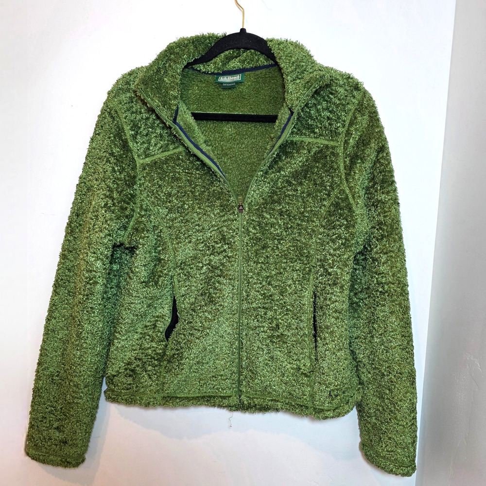 LL Bean Jacket Womens Medium Green Hi-Pile Sherpa Fleece Full Zip Cozy